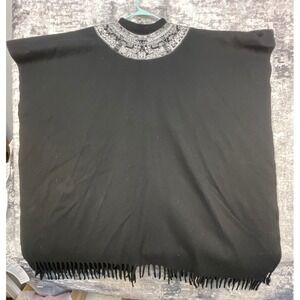 Molina Wool Poncho Cape Black Aztec Mayan Calendar Embroidery Fringe Mexico